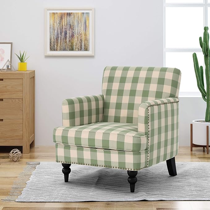 GDFStudio Tufted Fabric Club Chair, Green Checkerboard - LeafyLoom