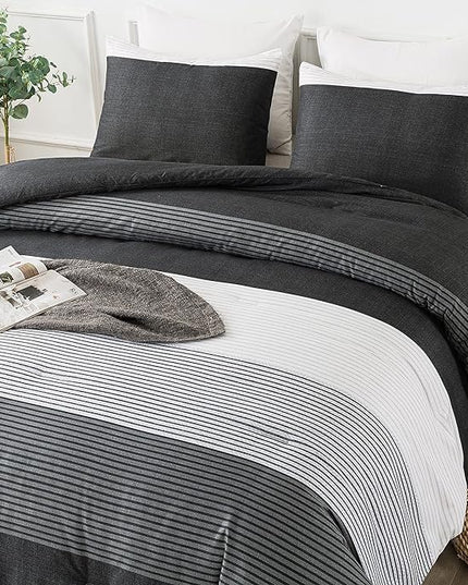 Andency Twin Comforter Set Black, 2 Pieces Black White and Gray Patchwork Striped Comforter(66x90 Inch), Soft Microfiber Down Alternative Twin Comforter Bedding Sets with Corner Loops - LeafyLoom