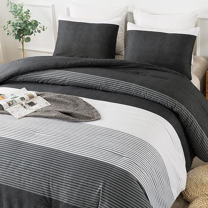 Andency Twin Comforter Set Black, 2 Pieces Black White and Gray Patchwork Striped Comforter(66x90 Inch), Soft Microfiber Down Alternative Twin Comforter Bedding Sets with Corner Loops - LeafyLoom