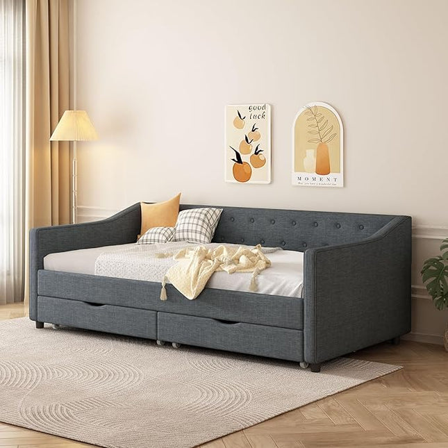Twin Size Daybed with Drawers, Linen Upholstered Tufted Sofa Bedframe with Button on Back, Waved Shape Arms, Wooden Slats Support, for Apartment,Bedroom, Dark Grey - LeafyLoom