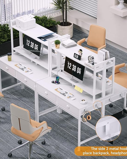 Furologee Small White Computer Desk with Power Outlet and 2 Fabric Drawers, 40" Makeup Vanity Desk with LED Light, Home Office Desk with Monitor Stand, Gaming Desk with Hutch for Small Space - LeafyLoom