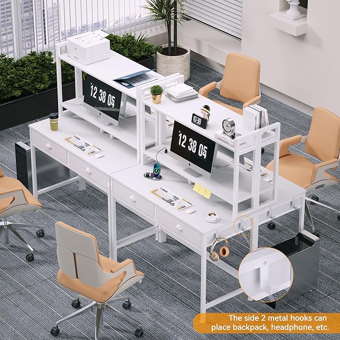 Furologee Small White Computer Desk with Power Outlet and 2 Fabric Drawers, 40" Makeup Vanity Desk with LED Light, Home Office Desk with Monitor Stand, Gaming Desk with Hutch for Small Space - LeafyLoom