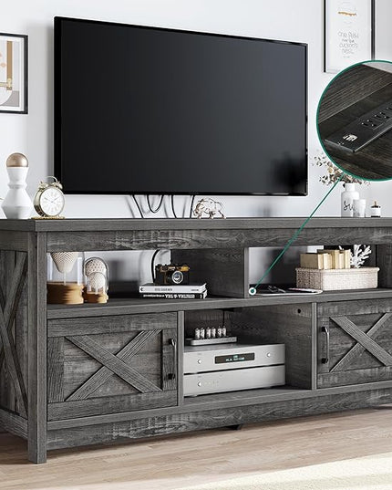 YITAHOME Mid Century Modern TV Stand for 65 inch with Power Outlet, Entertainment Center Table with Storage Cabinets and Open Shelves, Farmhouse TV Media Console for Living Room, Dark Grey - LeafyLoom
