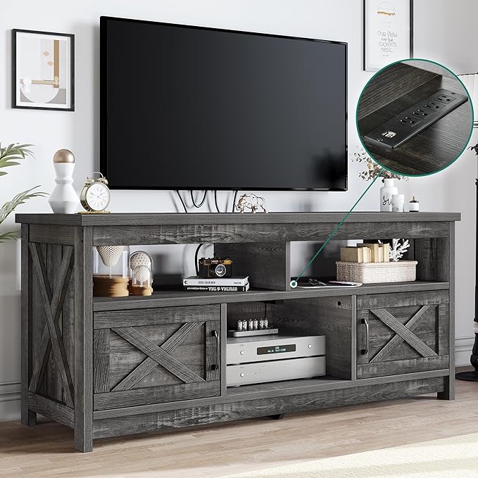 YITAHOME Mid Century Modern TV Stand for 65 inch with Power Outlet, Entertainment Center Table with Storage Cabinets and Open Shelves, Farmhouse TV Media Console for Living Room, Dark Grey - LeafyLoom