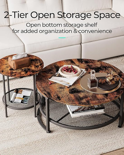 LINSY Home Round Coffee Table Set of 3 for Living Room, Industrial Coffee Table with Open Storage, Rustic Wood Surface Top & Sturdy Metal Legs Large Circle Coffee Table, Brown and Black - LeafyLoom