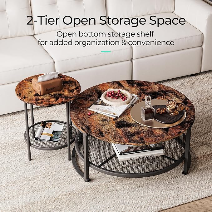 LINSY Home Round Coffee Table Set of 3 for Living Room, Industrial Coffee Table with Open Storage, Rustic Wood Surface Top & Sturdy Metal Legs Large Circle Coffee Table, Brown and Black - LeafyLoom