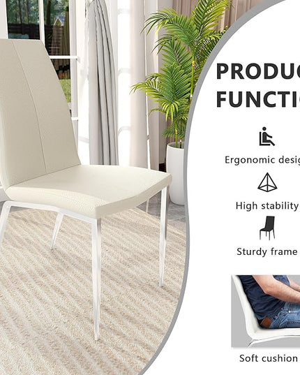 Modern Faux Leather Dining Chairs Set of 4, Padded Seat Dining Side Chairs, Upholstered Chair with Metal Legs for Kitchen, Living Room, Dining Room, White Chairs+Silver Legs - LeafyLoom