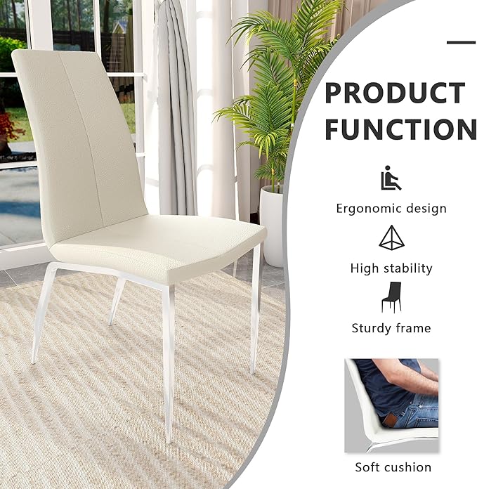 Modern Faux Leather Dining Chairs Set of 4, Padded Seat Dining Side Chairs, Upholstered Chair with Metal Legs for Kitchen, Living Room, Dining Room, White Chairs+Silver Legs - LeafyLoom