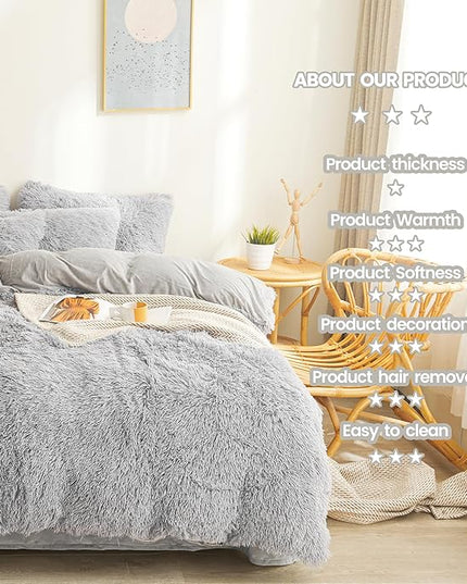 FOPPA Gray Fuzzy Plush Comforter Cover Set Queen - Ultra Soft Plush Gray Bedding Sets 3 Pieces (1 Faux Fur Duvet Cover + 2 Shaggy Pillow case) Fluffy Bed Set (Gray, Queen) - LeafyLoom