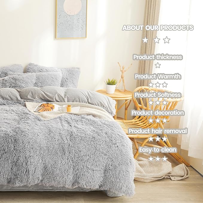 Fluffy gray comforters Cover twin size - Ultra Soft Plush gray bedding Sets 2 Pieces (1 faux fur comforter Cover + 1 fuzzy pillow case) girls shaggy gray twin bed set (Gray, Twin) - LeafyLoom