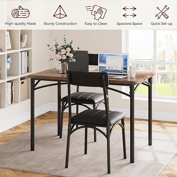 Dining Table Set for 4, Kitchen Table and Chairs, Rectangular Dining Room Table Set with 4 Upholstered Chairs, 5 Piece Kitchen Table Set for Small Space, Apartment, Retro Brown - LeafyLoom
