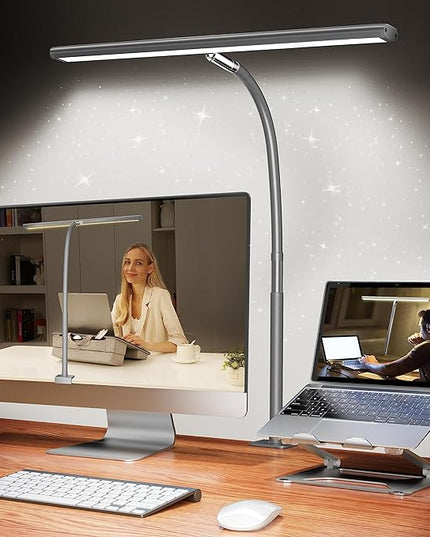 LED Desk Lamp for Office Home, Eye-Caring Desk Light with Stepless Dimming Adjustable Flexible Gooseneck, 10W USB Adapter Desk Lamp with Clamp for Reading, Study, Workbench (Grey) - LeafyLoom