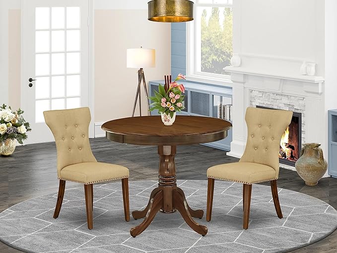 East West Furniture ANGA3-AWA-03 3 Piece Set Contains a Round Dining Room Table with Pedestal and 2 Upholstered Chairs - LeafyLoom