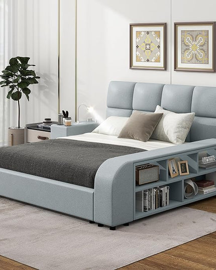 Queen Size PU Leather Upholstered Platform Multimedia Nightstand and Storage Shelves,Bedroom Solid Wood Bed Frame W/Bluetooth Speakers,Charging Station,Light,for Girls,Boys,Gray - LeafyLoom