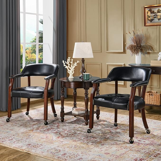 Large Dining Chairs with Casters and Arms, Rolling Dining Chairs with Wheels, Accent Game Chairs Boss Caption's Chairs, 26" D x 25.2" W x 31.5" H, Cherry Legs & Black SY-1533-BK - LeafyLoom