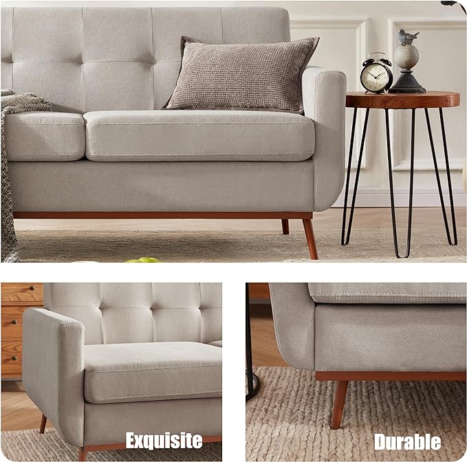 65" Loveseat Sofa, Mid Century Modern Love Seat Couches for Living Room, Comfy Upholstered Sofa Couch for Bedroom(Linen-Light Grey) - LeafyLoom