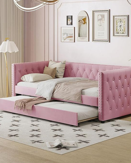 Twin Size Tufted Upholstered Daybed with Trundle, Solid Wood Velvet Bed with Rivet Design, No Box-spring Needed, for Living Room, Bedroom, Dorm, Space-Saving Design - LeafyLoom