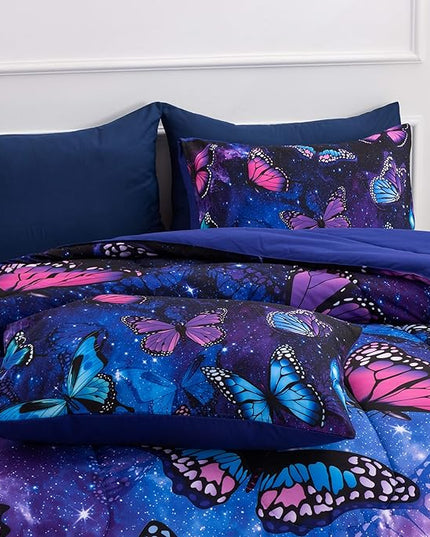 Btargot 3 Piece Butterfly Pattern Girls Comforter Set with 2 Pillow Covers, Galaxy Outer Space Printed Bedding Set for Women, Full Purple Blue - LeafyLoom