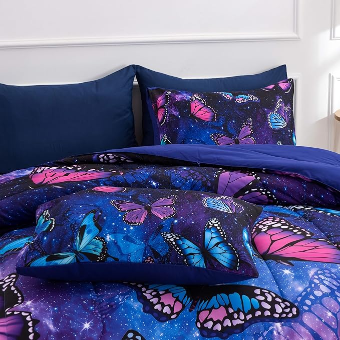 Btargot 3 Piece Butterfly Pattern Girls Comforter Set with 2 Pillow Covers, Galaxy Outer Space Printed Bedding Set for Women, Full Purple Blue - LeafyLoom
