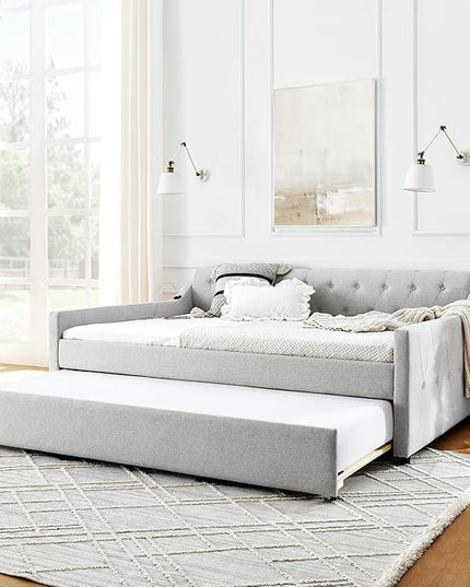 Full Size Upholstery modern linen Daybed, Trundle sofaBed,Armrest with USB charging end pull out Button Tufted Armrest side with pocket,for Bedroom Living Room - LeafyLoom