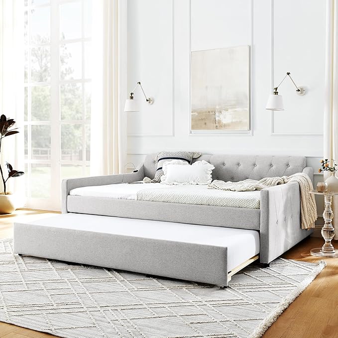 Full Size Upholstery modern linen Daybed, Trundle sofaBed,Armrest with USB charging end pull out Button Tufted Armrest side with pocket,for Bedroom Living Room - LeafyLoom