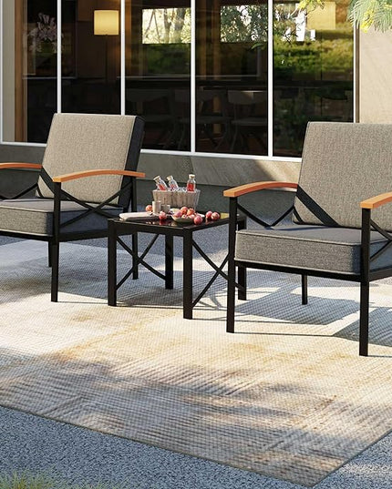 Shintenchi 3 Piece Metal Outdoor Patio Furniture Set, Modern Outdoor Metal Chairs Conversation Furniture Set with Coffee Table for Patio,Backyard,Balcony, Poolside (Dark Grey) - LeafyLoom