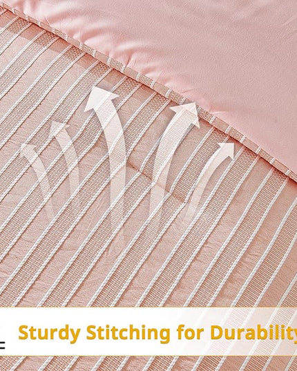 ENCOFT White and Pink Queen Size Comforter, 3 Pieces Textured Boho Striped Comforter for Queen Size Bed, Soft Microfiber All Seasons Girls Comforter Queen 90x90 Inches - LeafyLoom