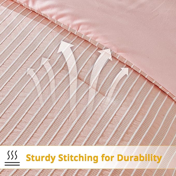 ENCOFT White and Pink Queen Size Comforter, 3 Pieces Textured Boho Striped Comforter for Queen Size Bed, Soft Microfiber All Seasons Girls Comforter Queen 90x90 Inches - LeafyLoom