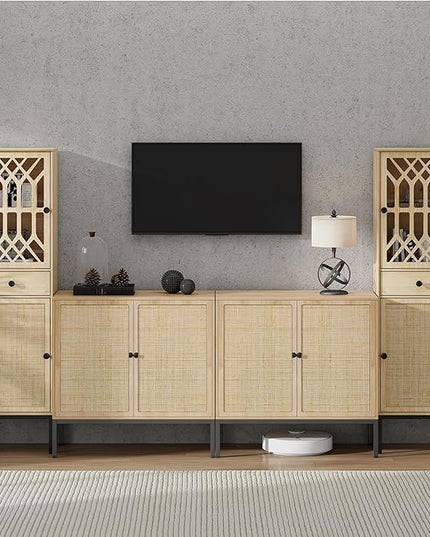 XIAO WEI 2-Piece Tall Cabinet Narrow Linen arched cabinet Storage Cabinet Natural Rattan Doors Fretwork Pattern Doors for Living Room Entryway Kitchen Home Office Bathroom - LeafyLoom