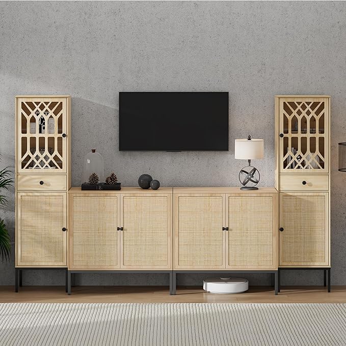 XIAO WEI 2-Piece Tall Cabinet Narrow Linen arched cabinet Storage Cabinet Natural Rattan Doors Fretwork Pattern Doors for Living Room Entryway Kitchen Home Office Bathroom - LeafyLoom