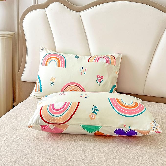 Btargot Lightweight Soft 3 Piece Rainbow Comforter Set with 2 Pillow Covers, Cartoon Love Hearts Flowers and Grass Bedding Set for Girls Boys Kids, Full Multi-Color - LeafyLoom