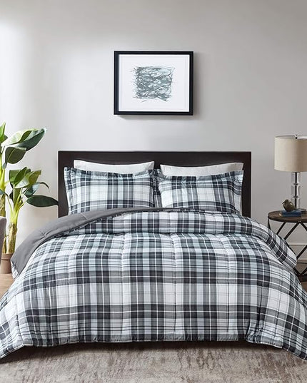 Madison Park Essentials Parkston Plaid Comforter, Matching Sham, 3M Scotchguard Stain Release Cover, Hypoallergenic All Season Bedding-Set, King/California King, Black, 3 Piece - LeafyLoom