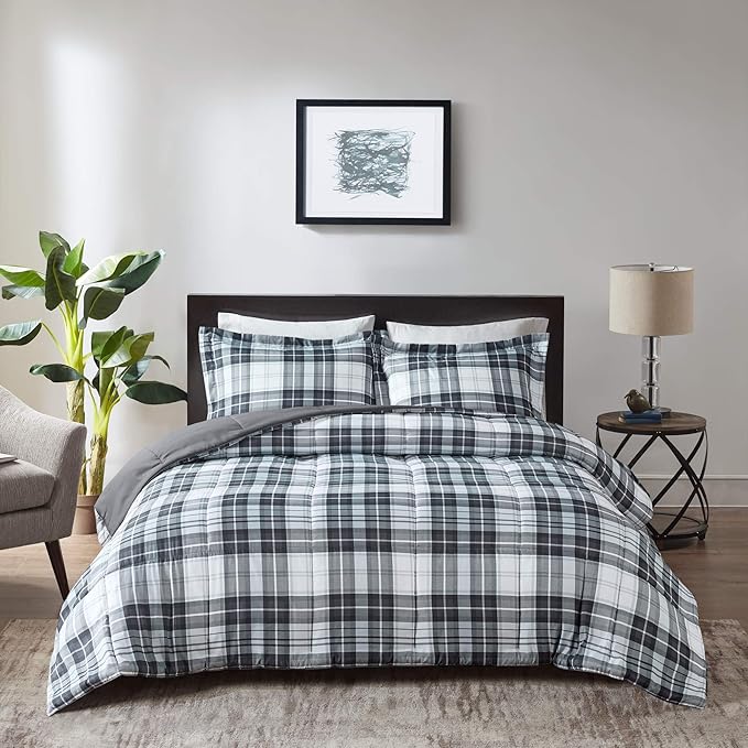 Madison Park Essentials Parkston Plaid Comforter, Matching Sham, 3M Scotchguard Stain Release Cover, Hypoallergenic All Season Bedding-Set, King/California King, Black, 3 Piece - LeafyLoom