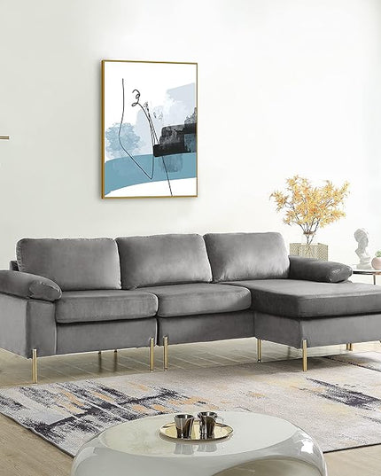 L Shaped Couch with Chaise, Velvet Upholstered Sectional, Metal Leg & Rolled Armrests, Futon Sofa for Living Room, Apartment and Office, Gray, 101.2, Gray1 - LeafyLoom
