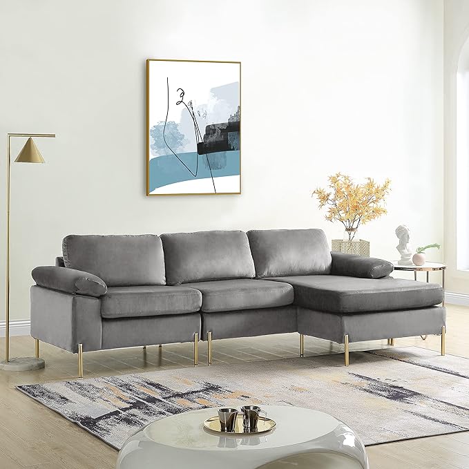 L Shaped Couch with Chaise, Velvet Upholstered Sectional, Metal Leg & Rolled Armrests, Futon Sofa for Living Room, Apartment and Office, Gray, 101.2, Gray1 - LeafyLoom