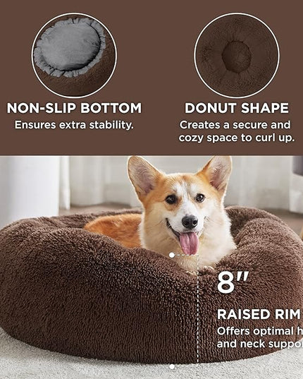 Bedsure Calming Dog Bed for Medium Dogs - Donut Washable Medium Pet Bed, 30 inches Anti-Slip Round Fluffy Plush Faux Fur Cat Bed, Fits up to 45 lbs Pets, Coffee BEDSURE