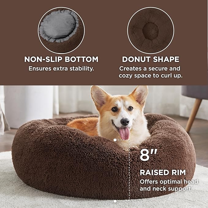 Bedsure Calming Dog Bed for Medium Dogs - Donut Washable Medium Pet Bed, 30 inches Anti-Slip Round Fluffy Plush Faux Fur Cat Bed, Fits up to 45 lbs Pets, Coffee BEDSURE