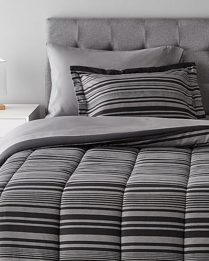 Amazon Basics Lightweight Microfiber Bed-in-a-Bag Comforter 5-Piece Bedding Set, Twin/Twin XL, Gray Calvin Stripe, Striped - LeafyLoom
