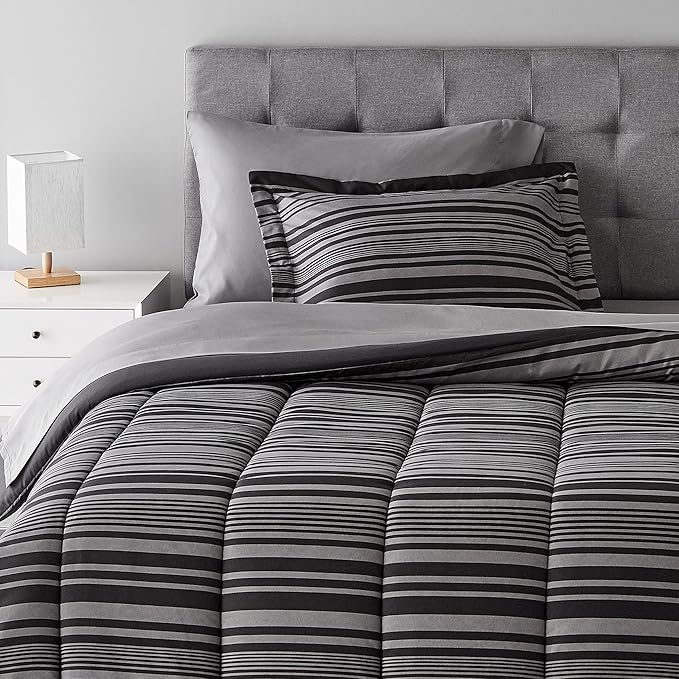 Amazon Basics Lightweight Microfiber Bed-in-a-Bag Comforter 5-Piece Bedding Set, Twin/Twin XL, Gray Calvin Stripe, Striped - LeafyLoom