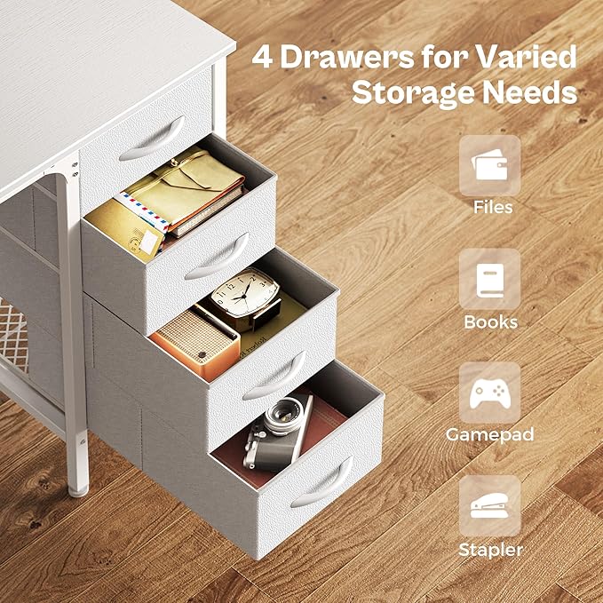 47 Inch Computer Desk with 4 Drawers, Office Desk with Mesh Shelf, Gaming Desk, Large Storage, Writing Desk Work Desk for Home Office, Study, Bedroom, Work from Home, White - LeafyLoom