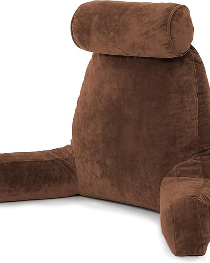 Husband Pillow XXL Cover Aspen Edition Saddle Brown, Reversible Microfiber to Microsuede, Side & Back Pockets - Handle for Easy Transport - Super Cozy Bed Rest Pillow Cover with Arms - Easy Care - LeafyLoom