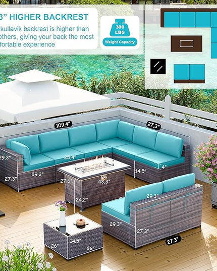 Kullavik 10 Pieces Outdoor Patio Furniture Set with 43" Gas Propane Fire Pit Table PE Wicker Rattan Sectional Sofa Patio Conversation Sets,Blue - LeafyLoom