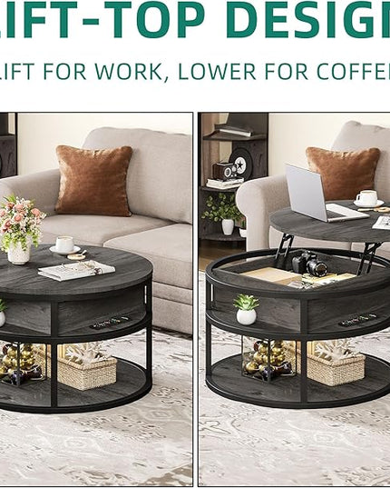 DWVO Round Coffee Tables for Living Room,Lift Top Coffee Table with Storage, Farmhouse Wood Coffee Table,Circle Coffee Tables Living Room for Home Office,Grey - LeafyLoom