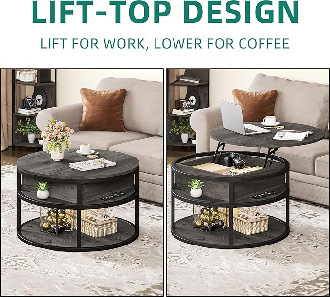 DWVO Round Coffee Tables for Living Room,Lift Top Coffee Table with Storage, Farmhouse Wood Coffee Table,Circle Coffee Tables Living Room for Home Office,Grey - LeafyLoom