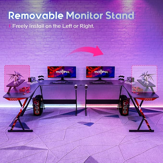 MOTPK L Shaped Gaming Desk with Carbon Fiber Surface, Corner Computer Desk L Shape with Monitor Shelf, Gamer Desk Gaming Table with Cup Holder & Headphone Hook, Black, 51 Inch - LeafyLoom
