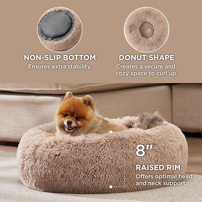 Bedsure Calming Dog Bed for Small Medium Dogs - Donut Washable Medium Pet Bed, 27 inches Anti-Slip Round Fluffy Plush Faux Fur Cat Bed, Camel BEDSURE