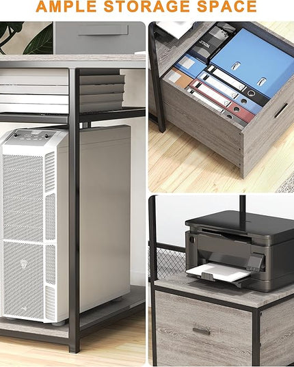 Home Office Desks with Drawers, 66'' Computer Desk with Storage, Office Desk with Monitor Stand, Work Desk with Outlets and USB, Gaming Table Desk with File Cabinet for Home Office Table, Grey - LeafyLoom