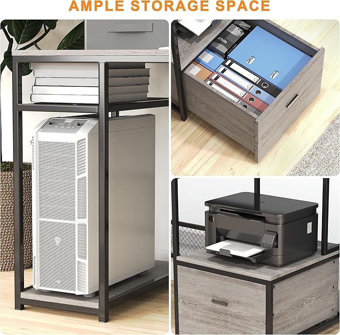 Home Office Desks with Drawers, 66'' Computer Desk with Storage, Office Desk with Monitor Stand, Work Desk with Outlets and USB, Gaming Table Desk with File Cabinet for Home Office Table, Grey - LeafyLoom