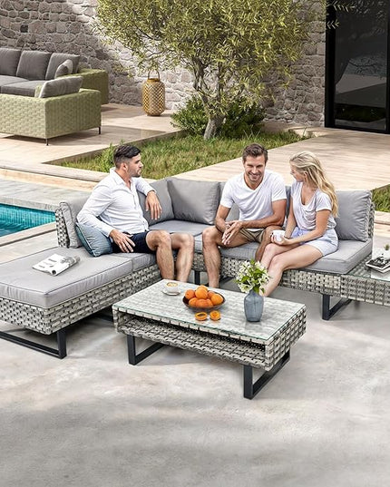 DWVO Patio Furniture Set, Sectional L-Shaped Sofa, for Patio Backyard Poolside Porch, Wicker Conversation Set with Coffee Table & Cushions, Detachable Lounger, All-Weather Rattan, Grey - LeafyLoom
