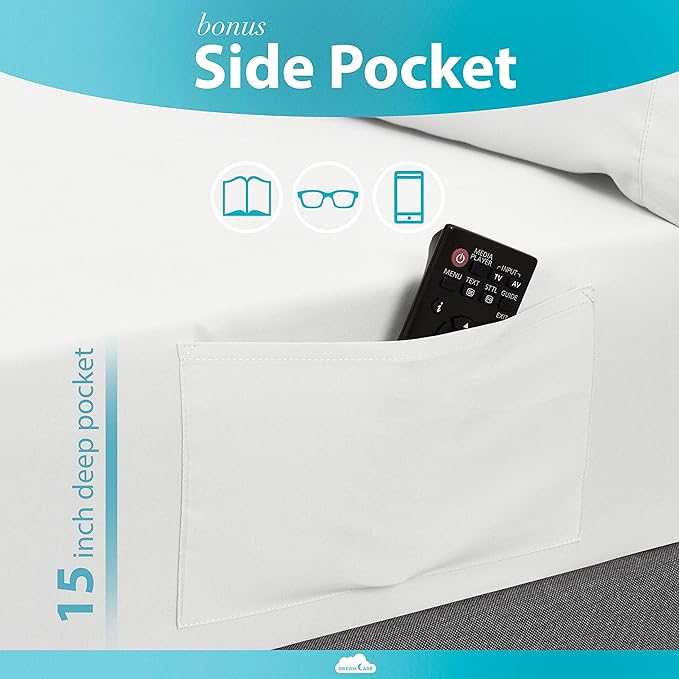 DREAMCARE Queen Size Sheets - Cooling Bed Sheets - 4pcs Set - up to 15" Deep Pocket Queen Sheet Set - Sheets Queen Size Bed - Soft & Long Lasting 100% Fine Brushed Polyester with Side Pocket - White - LeafyLoom